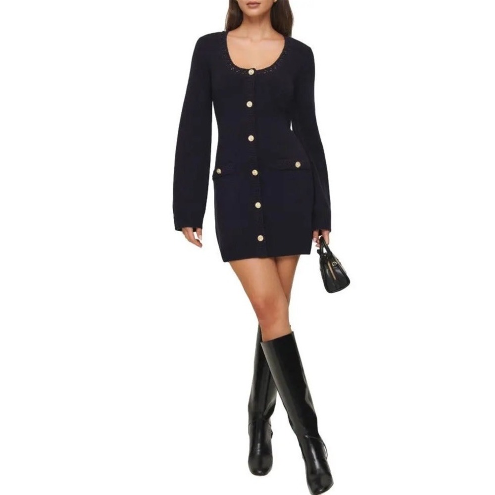 REFORMATION Women Size Small Priscilla Merino Wool Sweater Mini Dress Navy Blue